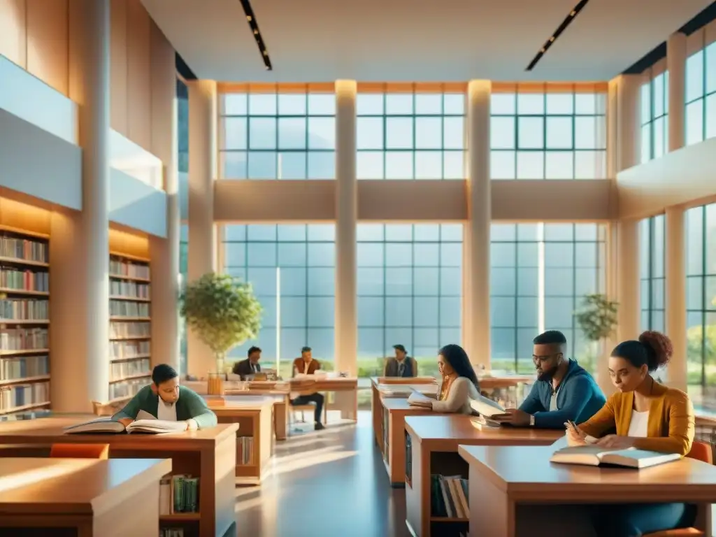 Grupo diverso de estudiantes concentrados en estudios en biblioteca moderna y vibrante, con libros de idiomas