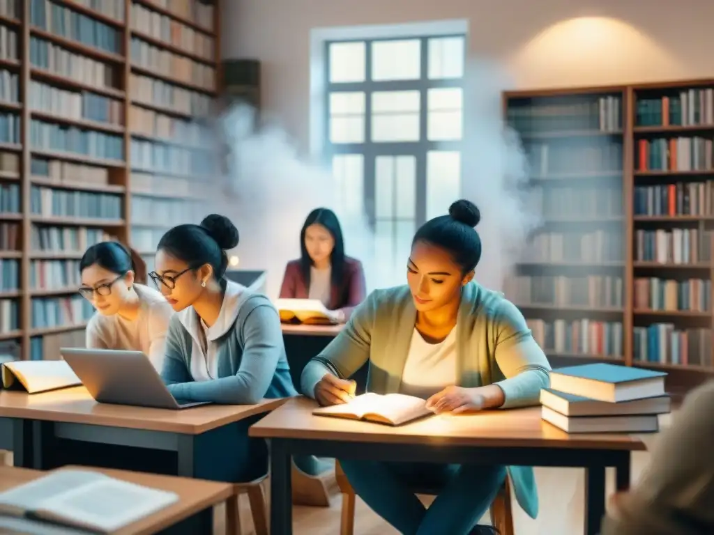 Un grupo diverso de estudiantes concentrados en cursos avanzados de especialización lingüística, rodeados de materiales de idiomas