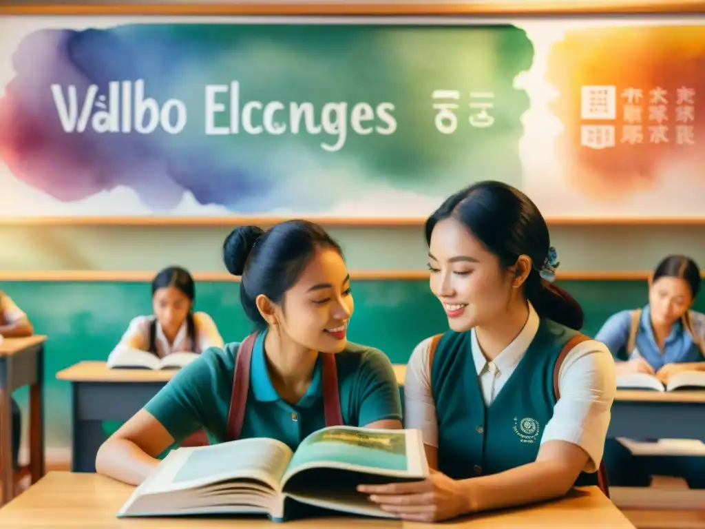 Grupo diverso de estudiantes concentrados en una sesión de aprendizaje de idiomas