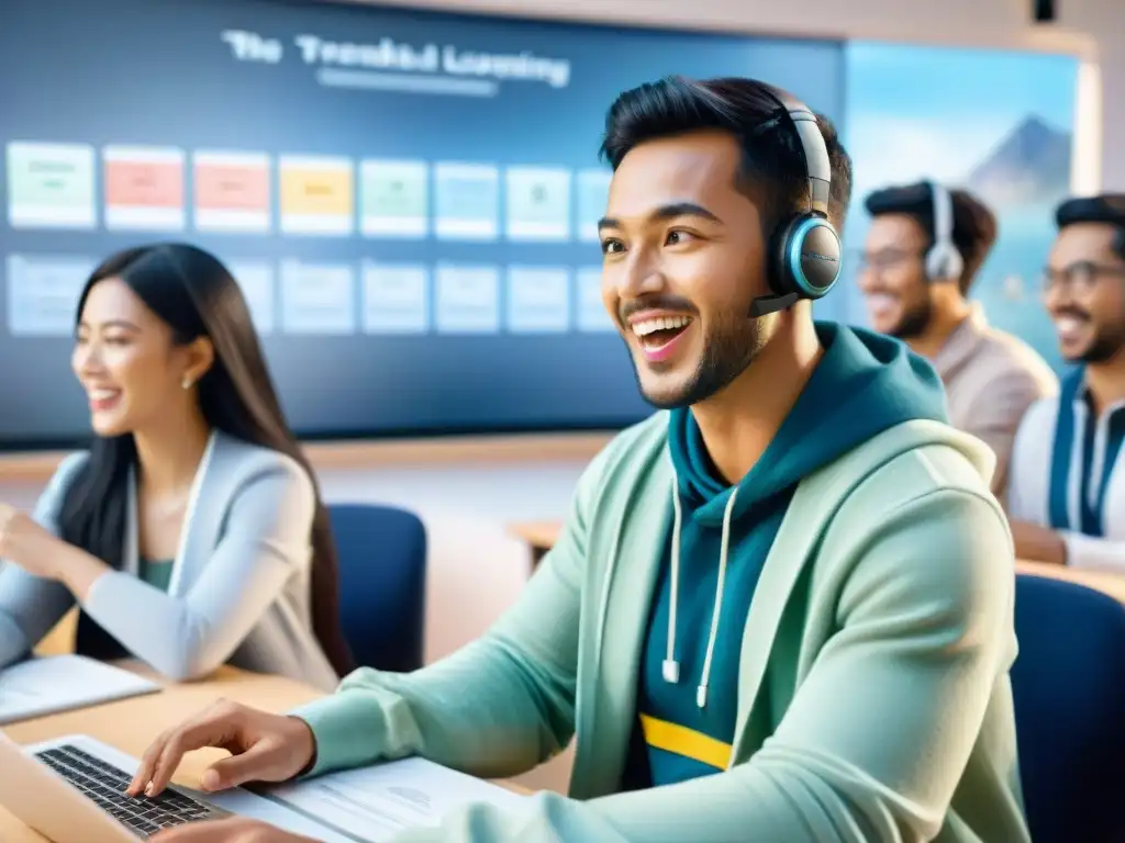 Grupo diverso de estudiantes concentrados y emocionados en un programa de software educativo de idiomas en aulas modernas y vibrantes