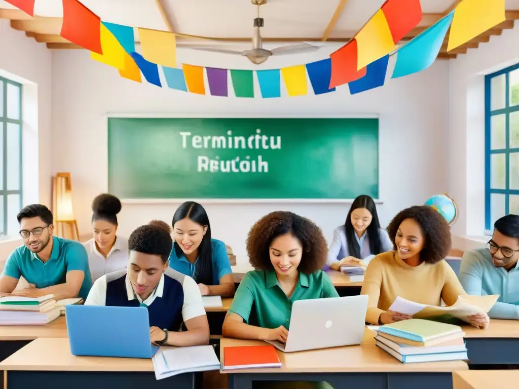 Grupo diverso de estudiantes concentrados en clase de idiomas, rodeados de libros y laptops