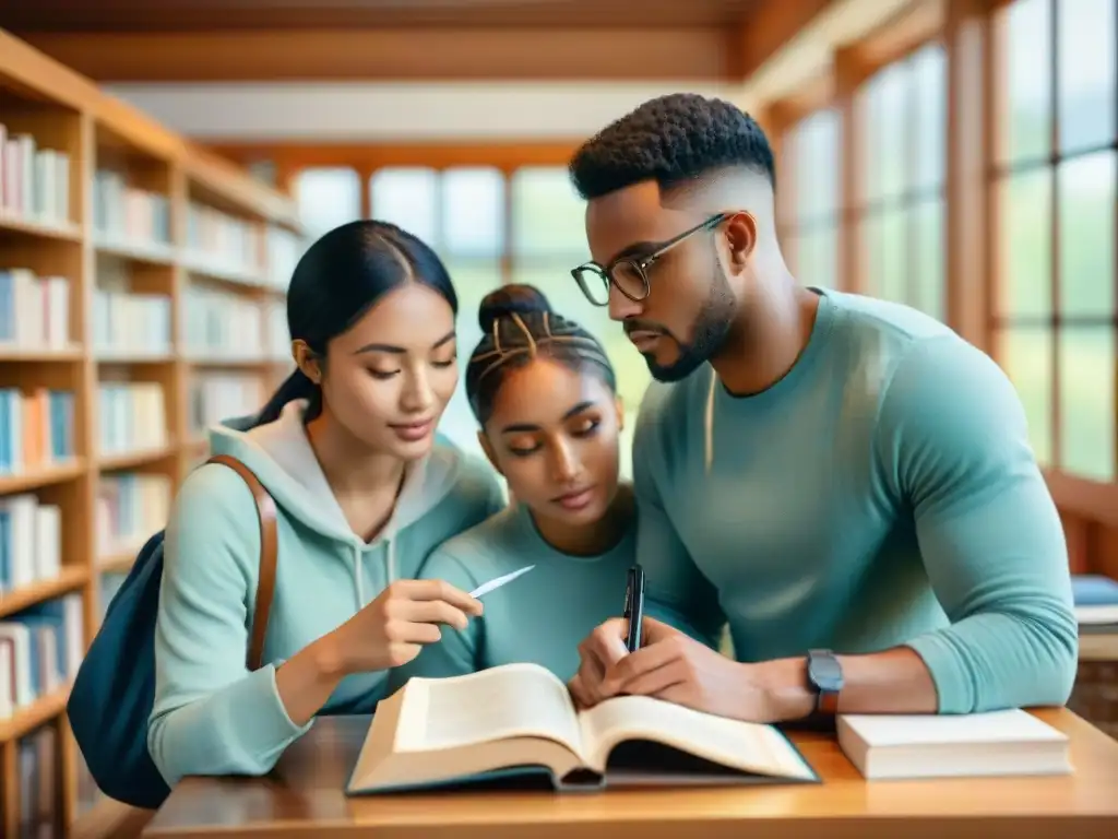 Un grupo diverso de estudiantes concentrados y determinados en una biblioteca acogedora