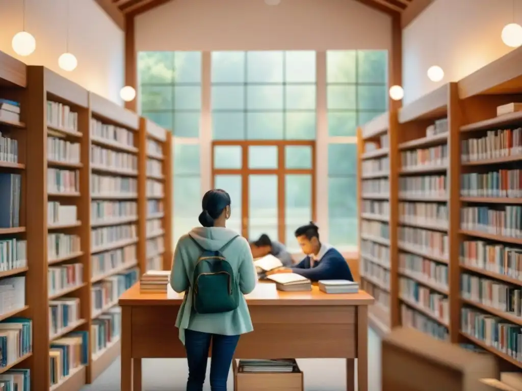 Un grupo diverso de estudiantes concentrados en la biblioteca, preparándose para sus exámenes de competencia lingüística