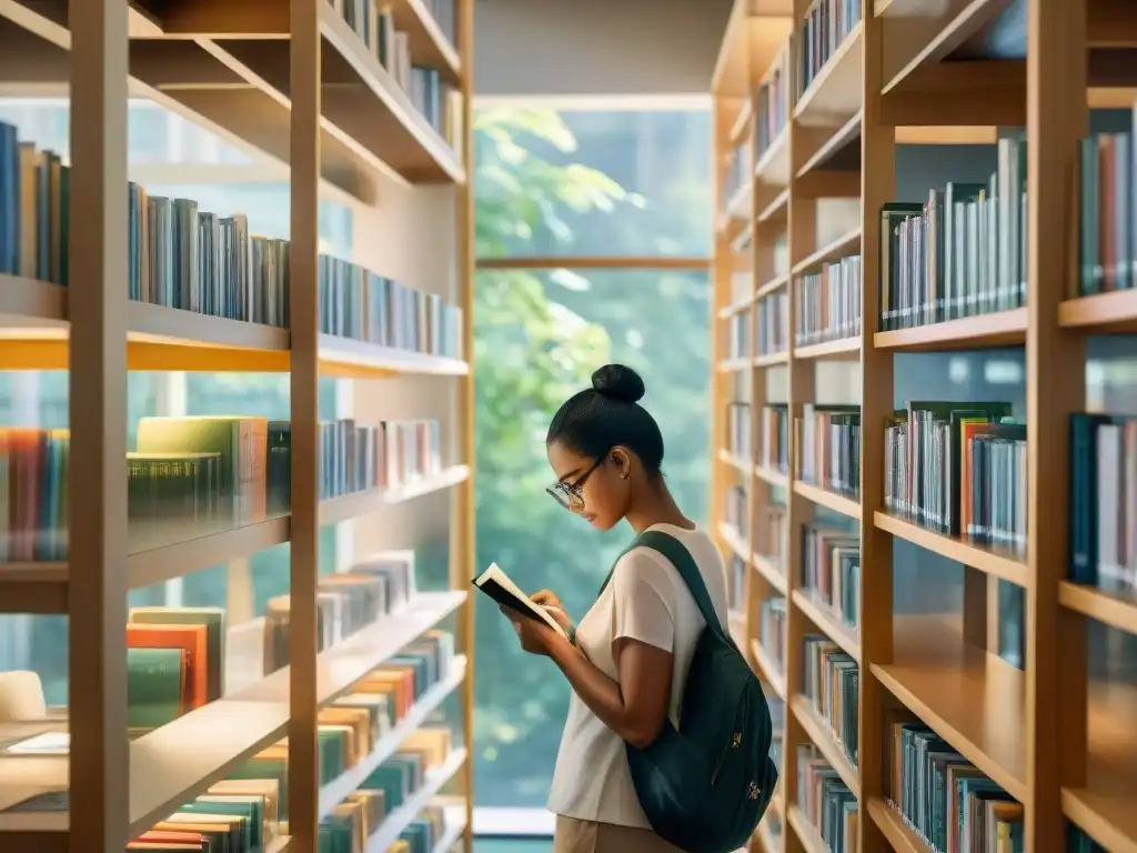 Grupo diverso de estudiantes concentrados escribiendo en una biblioteca luminosa