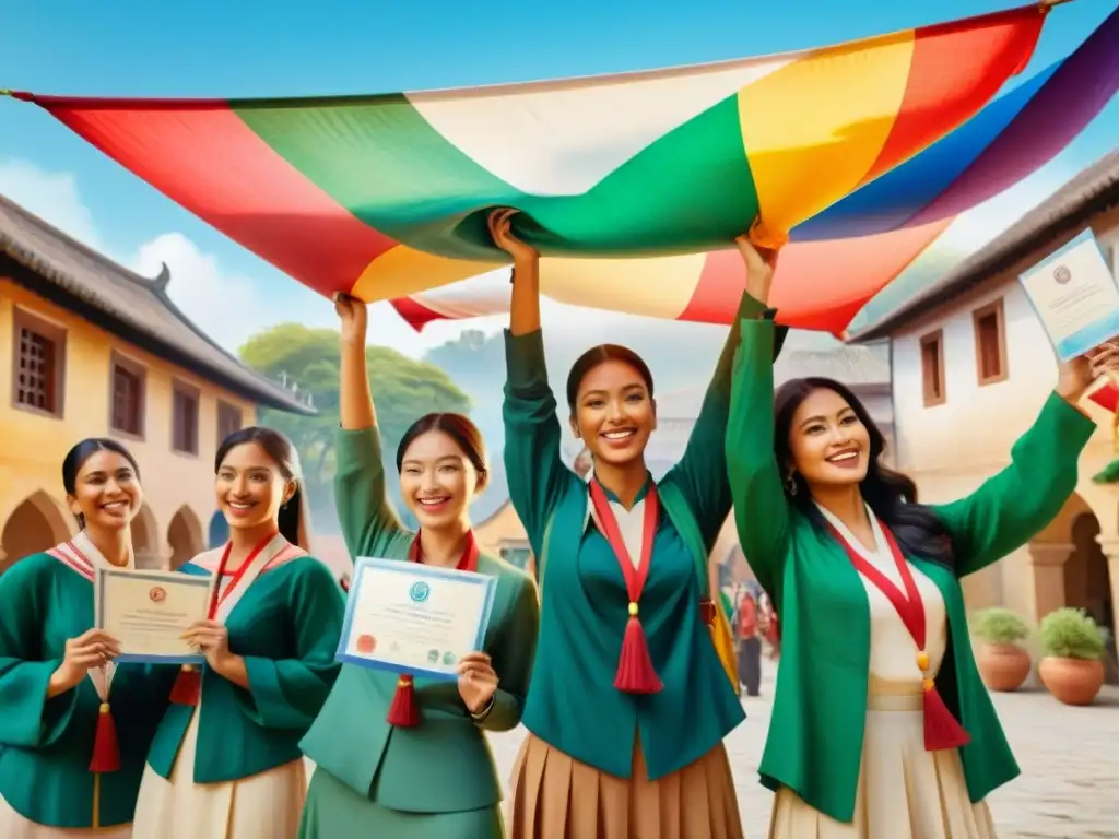 Grupo diverso de estudiantes celebra con diplomas bajo banderas internacionales en un patio soleado