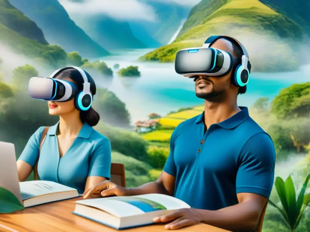 Un grupo diverso de estudiantes con discapacidades aprendiendo idiomas en un aula virtual de Realidad Virtual Lenguas Discapacidades Accesibles