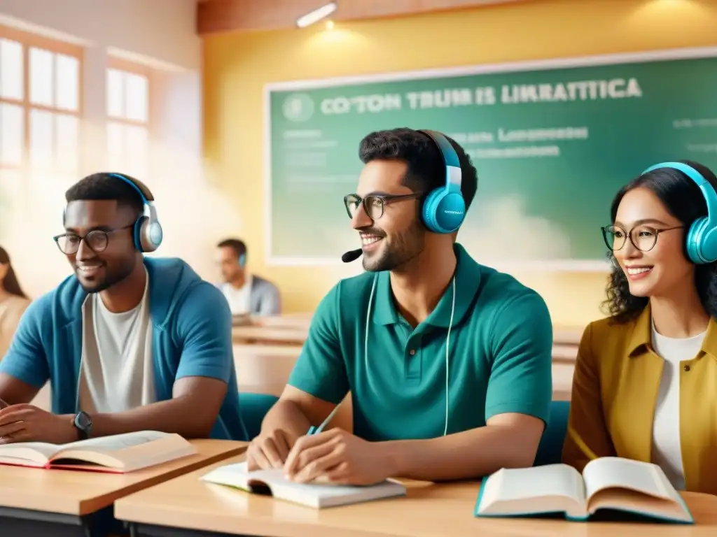 Un grupo diverso de estudiantes se sumerge en sus estudios de idiomas con libros, laptops y auriculares en un vibrante aula iluminada por el sol