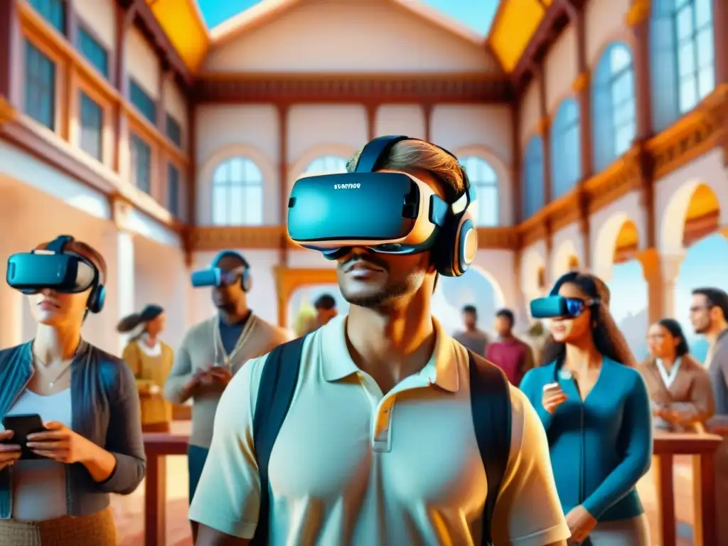 Grupo diverso de estudiantes en experiencia de realidad virtual, explorando culturas y literatura