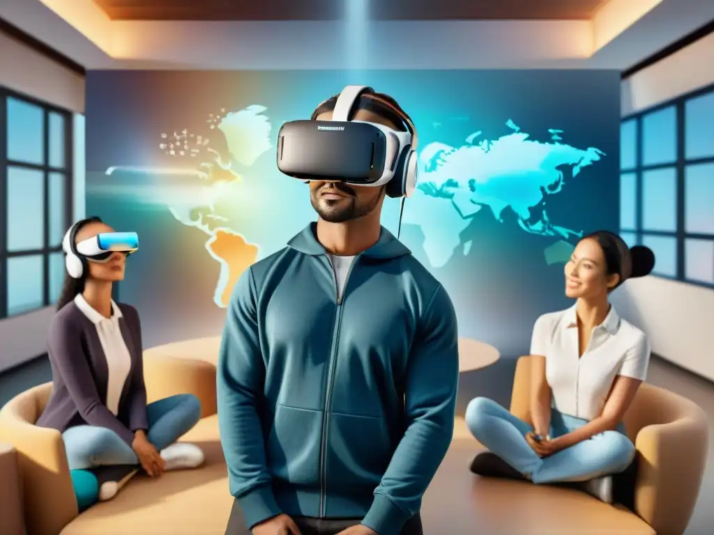 Un grupo diverso de estudiantes mejorando su fluidez verbal en una clase de realidad virtual