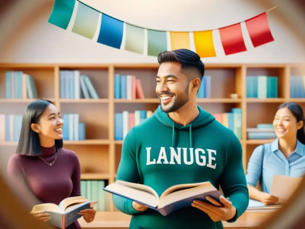 Grupo diverso de estudiantes de idiomas en animada conversación, equilibrando gramática y práctica oral en escuela de idiomas