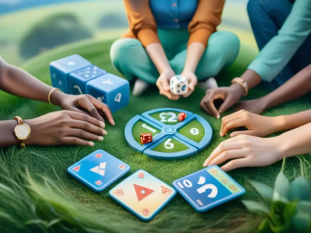 Un grupo diverso de estudiantes aprende idiomas con juegos en un campo verde bajo un cielo azul brillante