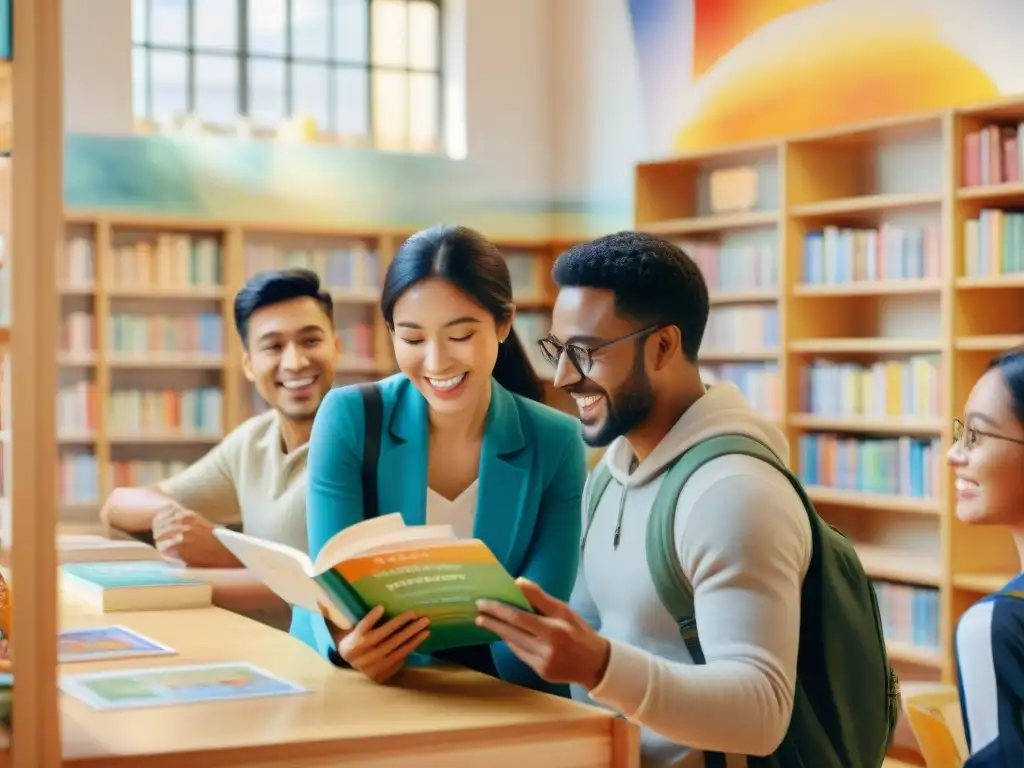 Un grupo diverso de estudiantes juega y aprende idiomas con entusiasmo en un alegre salón de clases lleno de libros y juegos educativos