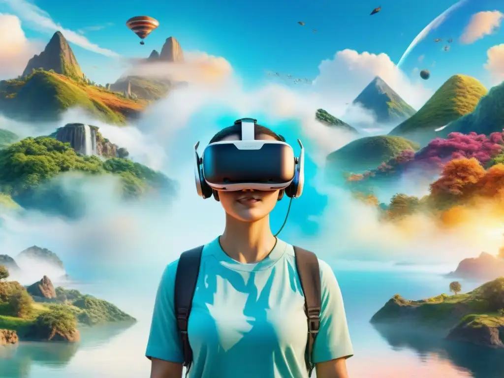 Un grupo diverso de estudiantes de idiomas usando auriculares de realidad virtual en un mundo virtual educativo y colorido