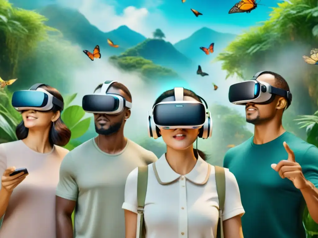 Grupo diverso de estudiantes de idiomas en Realidad Virtual para aprender idiomas, inmersos en un entorno virtual de enseñanza con mariposas coloridas