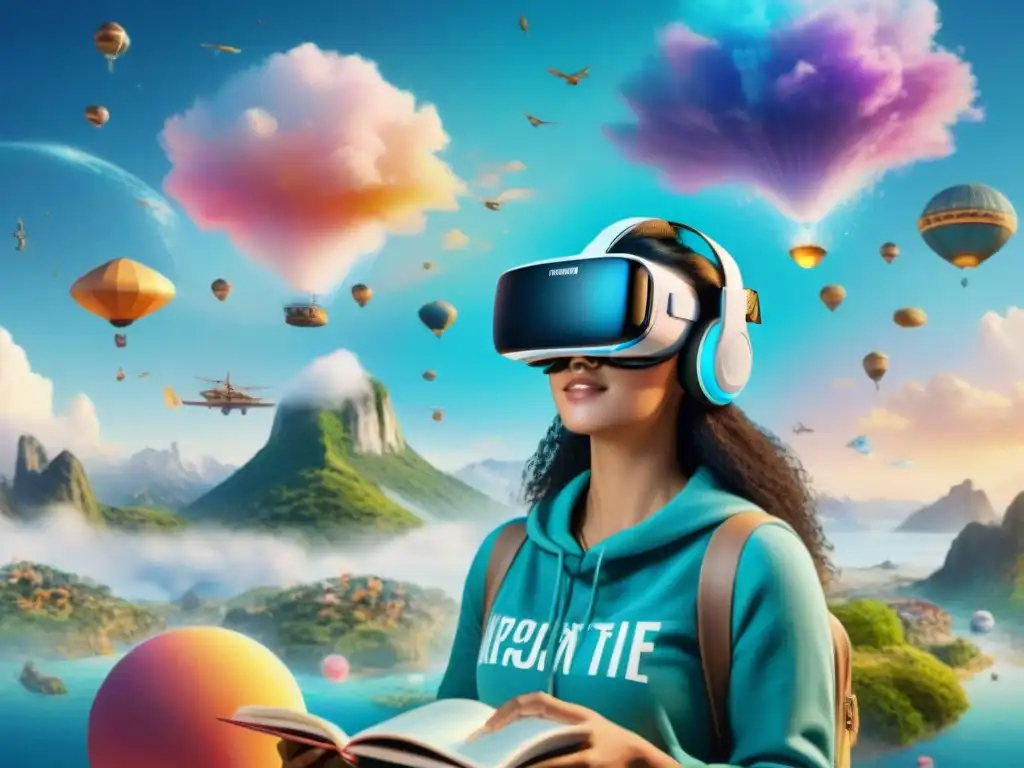 Un grupo diverso de estudiantes de idiomas usando auriculares de realidad virtual, inmersos en un mundo virtual con símbolos de idiomas