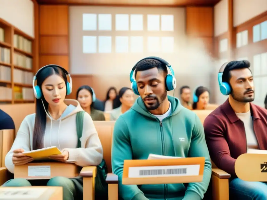 Un grupo diverso de estudiantes de idiomas se concentran viendo una película extranjera con subtítulos, rodeados de libros y instrumentos musicales