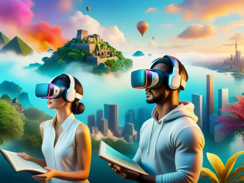 Un grupo diverso de estudiantes de idiomas usando auriculares de realidad virtual en un mundo virtual con libros y paisajes lingüísticos vibrantes