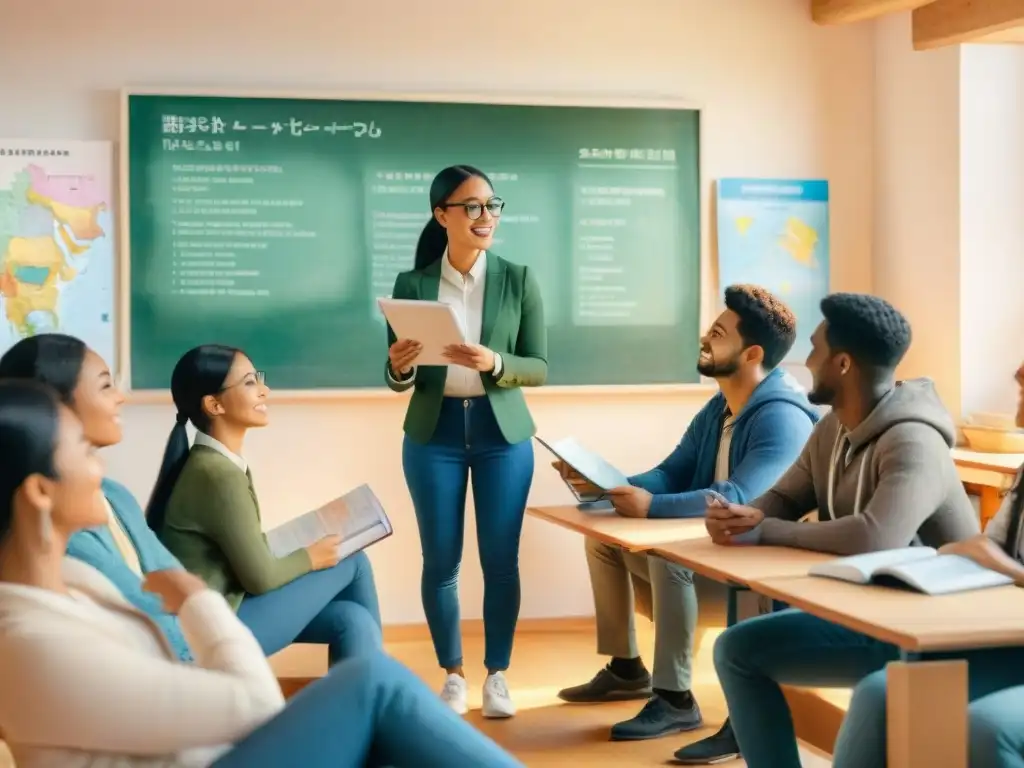 Grupo diverso de estudiantes aprendiendo idiomas en aula acogedora