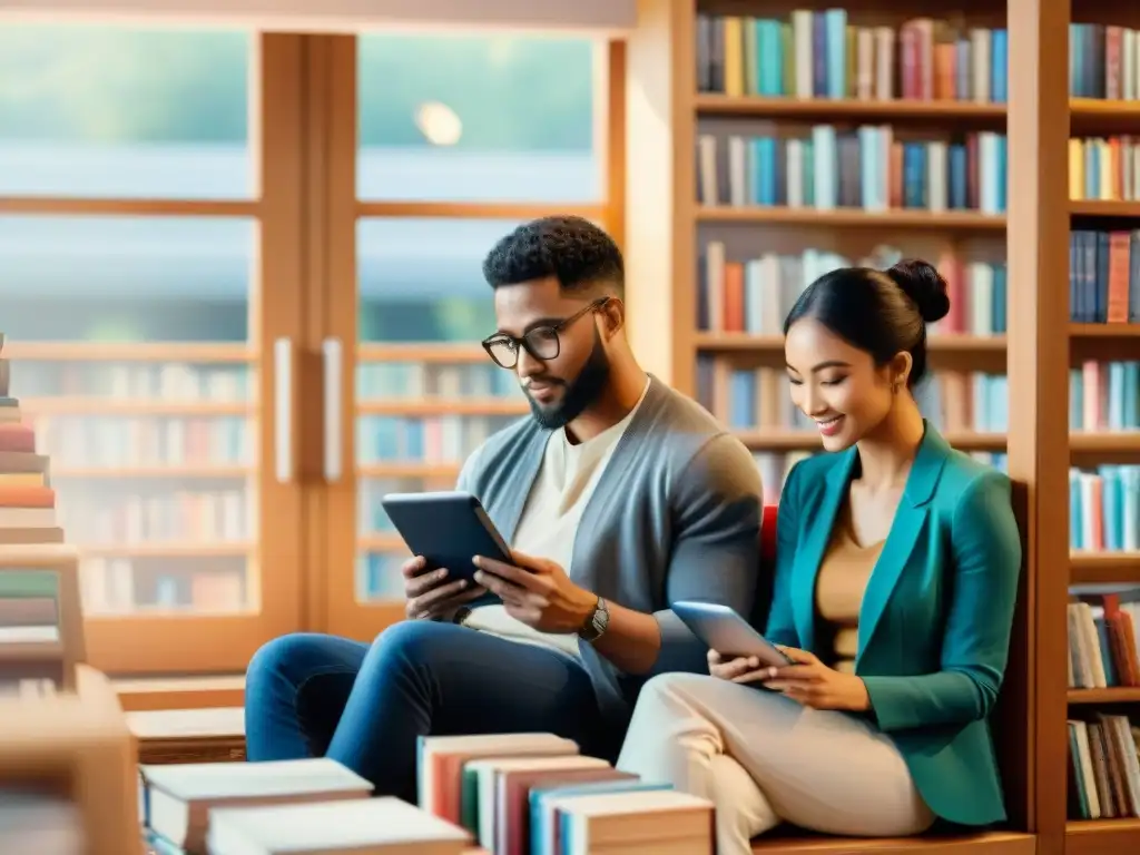 Un grupo diverso de estudiantes aprendiendo idiomas en una biblioteca acogedora rodeados de libros coloridos y dispositivos electrónicos