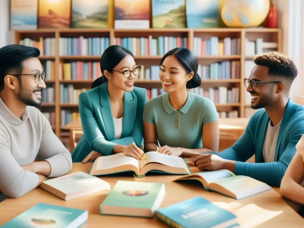 Grupo diverso de estudiantes de idiomas conversando en un aula luminosa, rodeados de libros y notas, representando la colaboración y el aprendizaje