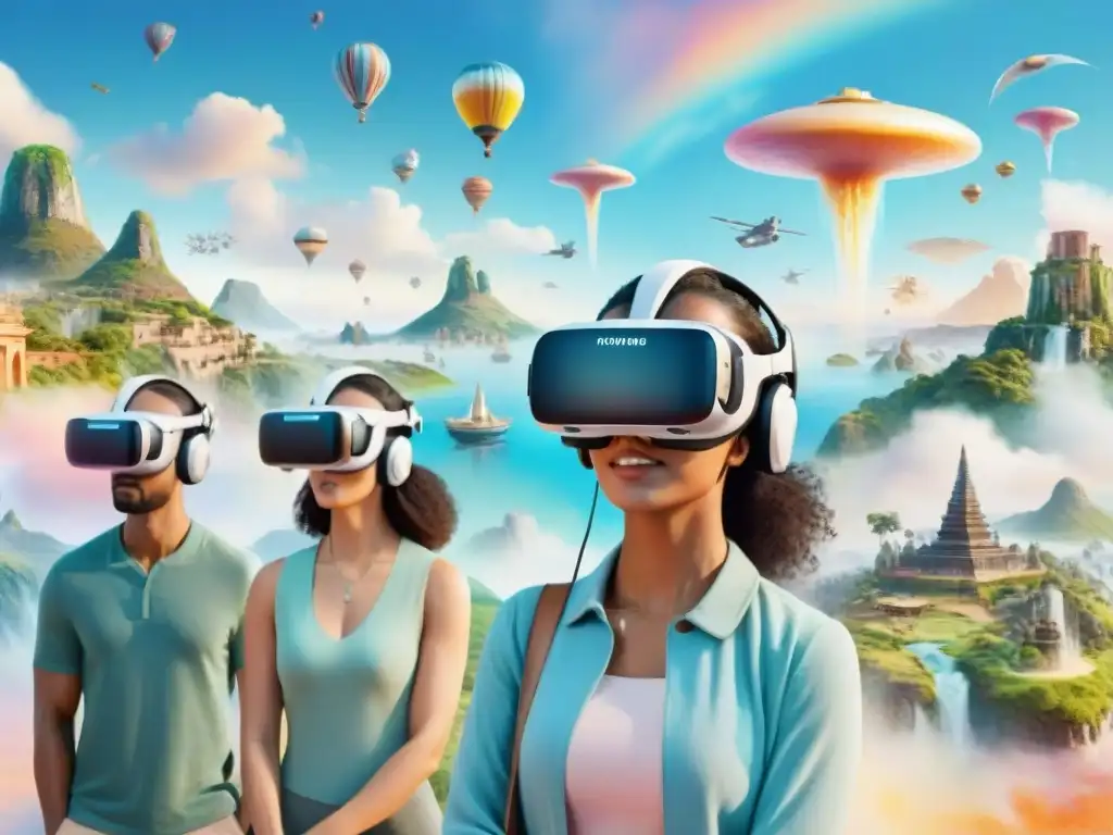 Un grupo diverso de estudiantes de idiomas en Realidad Virtual, inmersos en un entorno de aprendizaje virtual