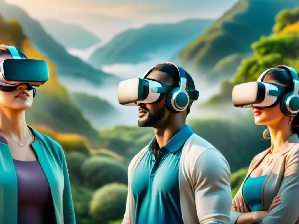 Un grupo diverso de estudiantes de idiomas usando auriculares de realidad virtual, inmersos en un entorno virtual de aprendizaje de idiomas