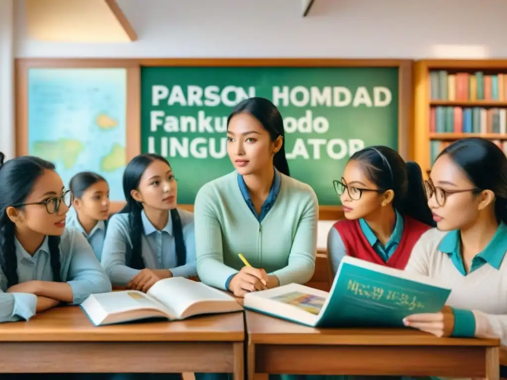 Grupo diverso de estudiantes aprendiendo varios idiomas en peligro, rodeados de símbolos y libros coloridos