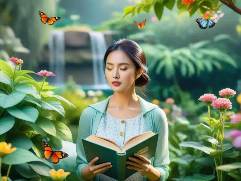 Aprendizaje de idiomas en un jardín vibrante Un grupo diverso de estudiantes de idiomas rodeados de naturaleza exuberante, libros y mariposas, con expresiones de determinación y curiosidad