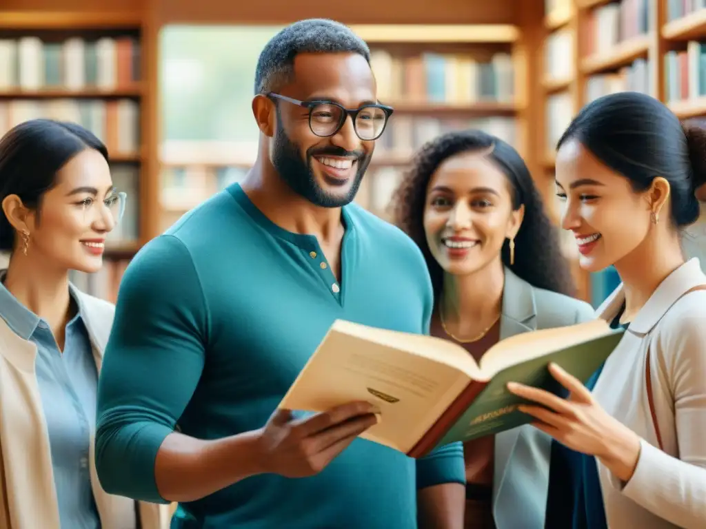 Un grupo diverso de estudiantes de idiomas discuten animadamente en una biblioteca soleada, resaltando la Competencia en el Marco Común Europeo