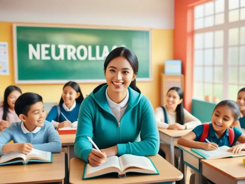 Grupo diverso de estudiantes aprendiendo idiomas juntos en aula vibrante, reflejando impacto positivo de neurolingüística en educación bilingüe