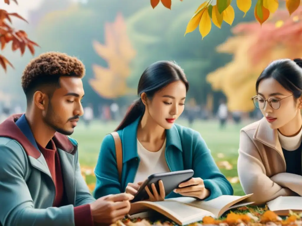 Un grupo diverso de estudiantes aprendiendo idiomas con aplicaciones, en un parque otoñal