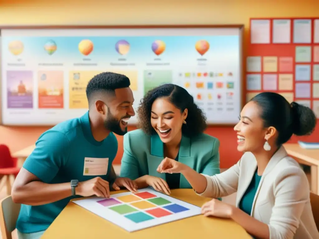 Grupo diverso de estudiantes juegan y aprenden idiomas en alegre aula con juegos educativos