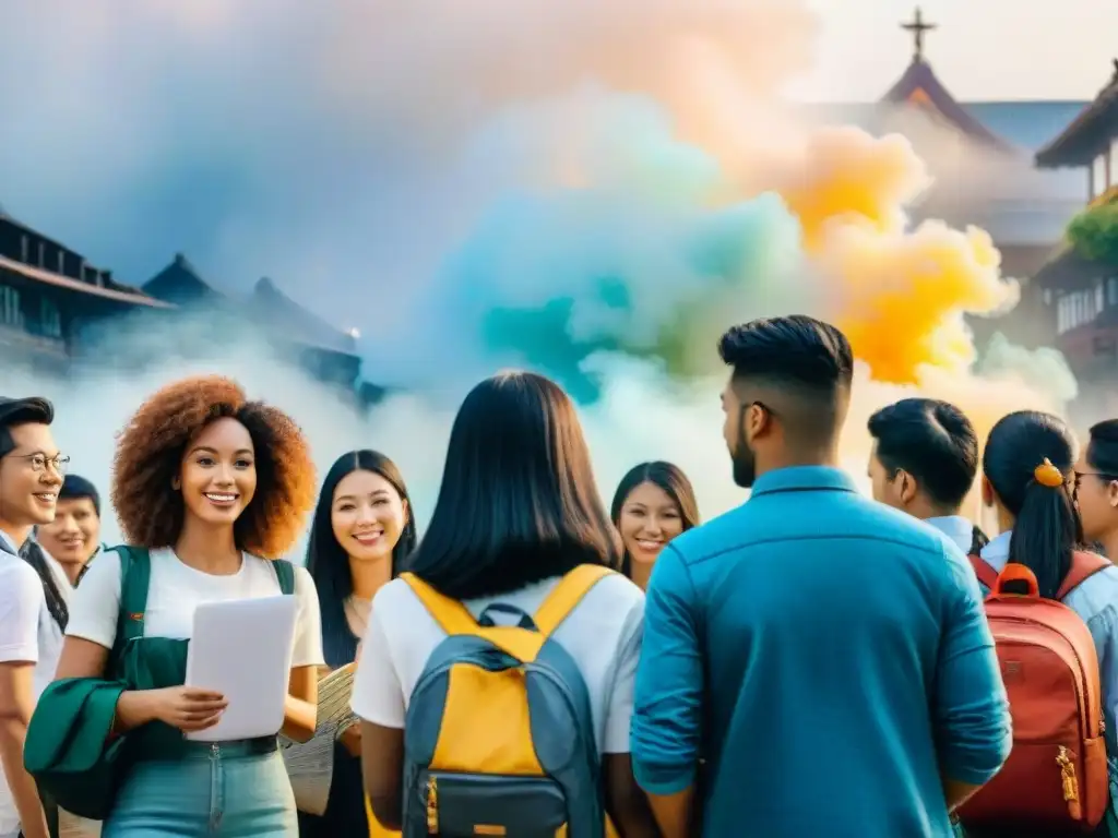 Estudiantes internacionales en acción: aprendizaje multilingüe Un grupo diverso de estudiantes aprendiendo idiomas, resaltando la importancia del multilingüismo en educación