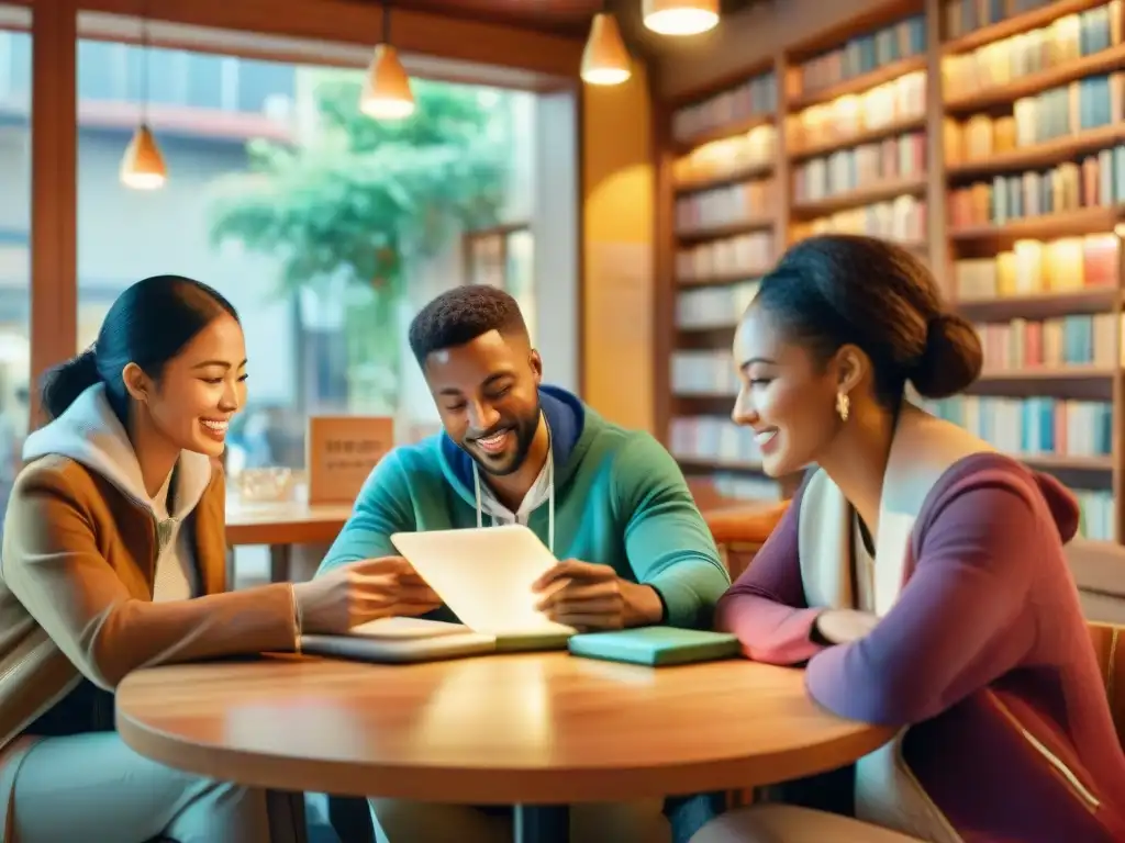 Un grupo diverso de estudiantes de idiomas usa herramientas de traducción avanzada en un acogedor café, inmersos en sus estudios lingüísticos