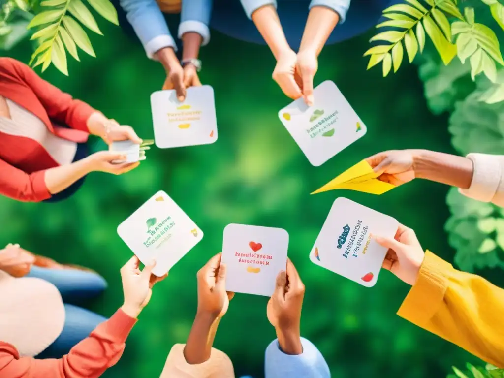 Un grupo diverso de estudiantes de idiomas aprende juntos en un entorno inspirador y sereno rodeados de naturaleza y libros coloridos