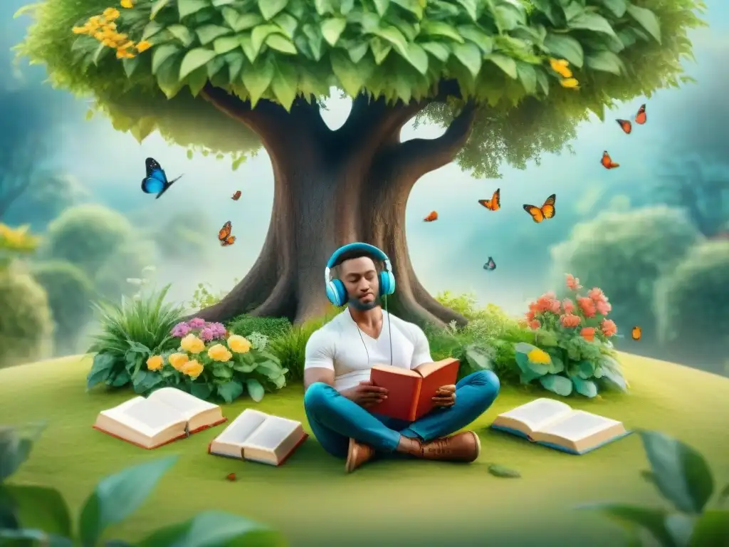 Un grupo diverso de estudiantes de idiomas escucha audiolibros bajo un árbol en un jardín vibrante