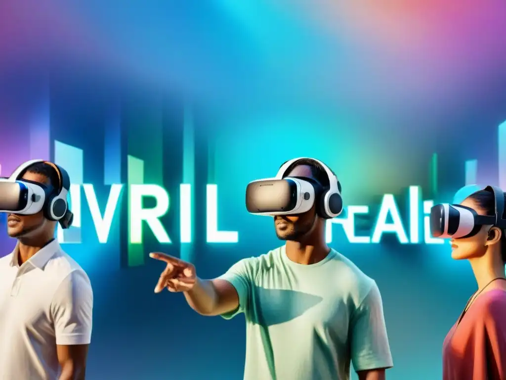 Un grupo diverso de estudiantes de idiomas usa auriculares de realidad virtual en un aula futurista llena de palabras flotantes en diferentes idiomas