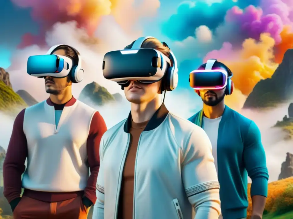 Un grupo diverso de estudiantes de idiomas inmersos en realidad virtual, interactuando con actividades de aprendizaje gamificadas