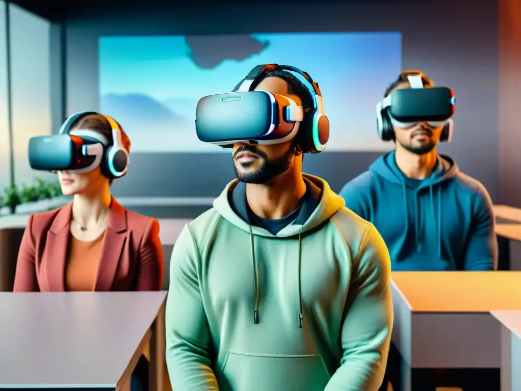 Un grupo diverso de estudiantes de idiomas utiliza auriculares de Realidad Virtual en un aula virtual