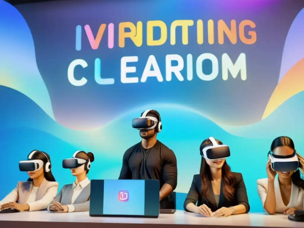 Un grupo diverso de estudiantes de idiomas inmersos en un aula virtual usando auriculares de realidad virtual