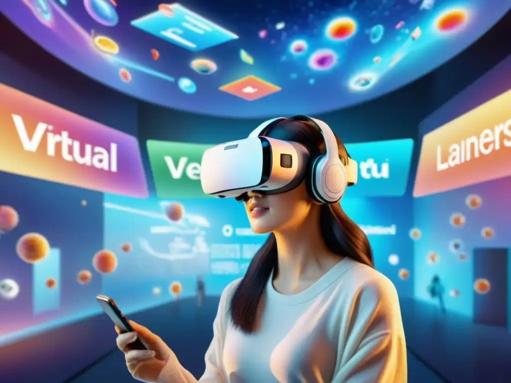 Un grupo diverso de estudiantes de idiomas usa auriculares de realidad virtual en un colorido entorno virtual con símbolos de idiomas flotantes