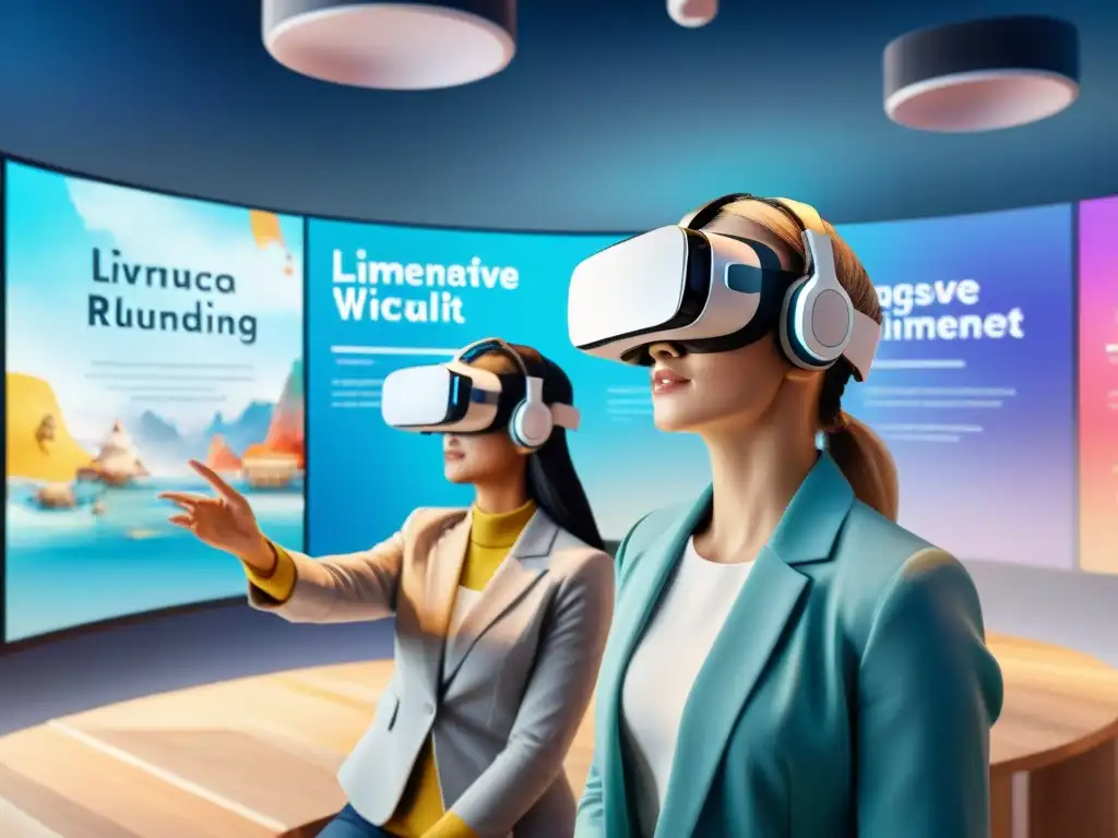 Un grupo diverso de estudiantes de idiomas usa auriculares de Realidad Virtual en un aula virtual futurista, interactuando con contenido multilingüe