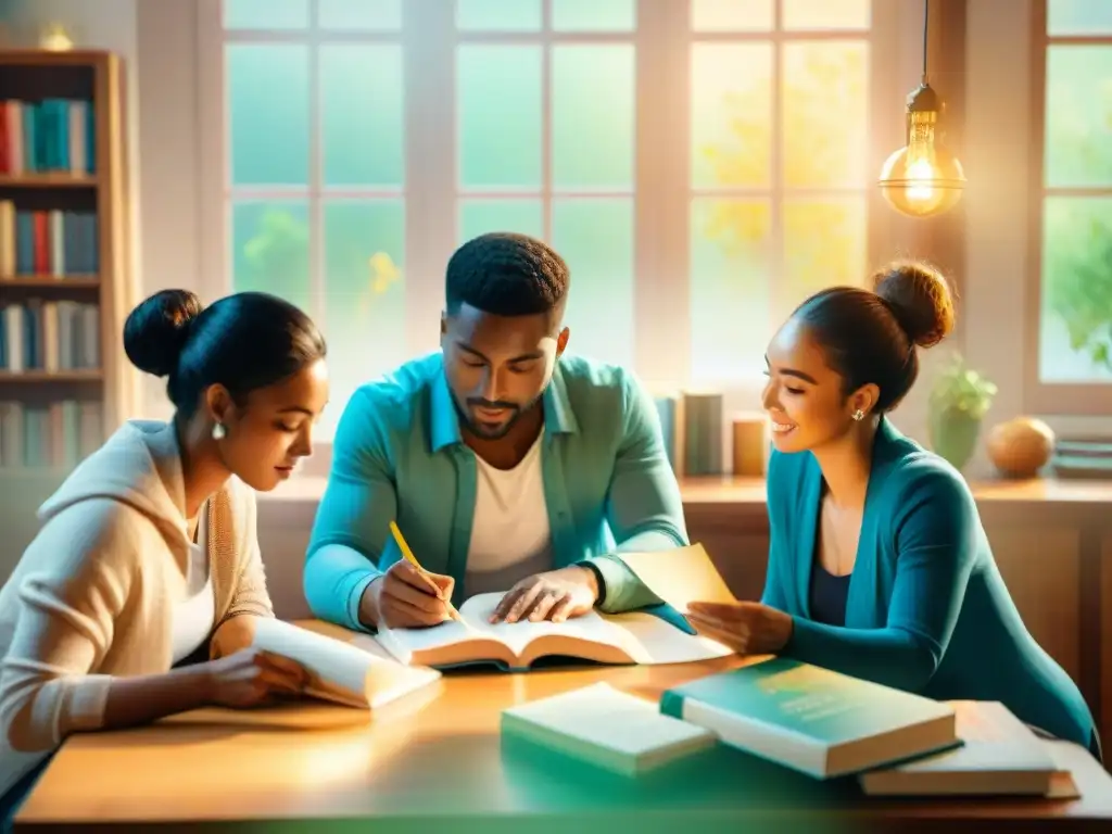 Grupo diverso de estudiantes inmersos en actividades de aprendizaje de idiomas, rodeados de libros y material de estudio