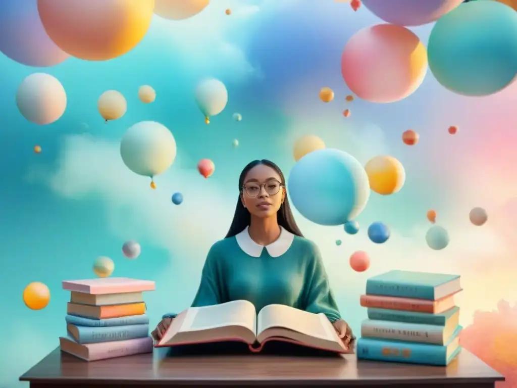 Un grupo diverso de estudiantes inmersos en sus estudios de idiomas, rodeados de libros y globos de colores