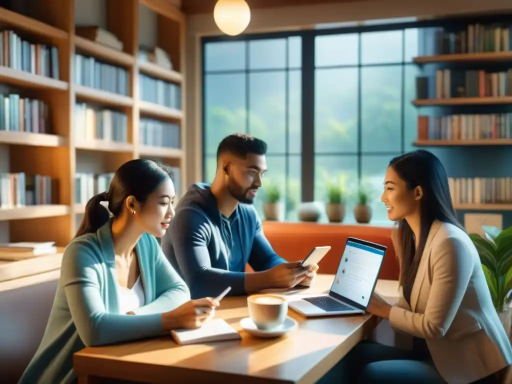 Un grupo diverso de estudiantes inmersos en el aprendizaje de idiomas con apps para mejorar habilidades lingüísticas en una cafetería acogedora