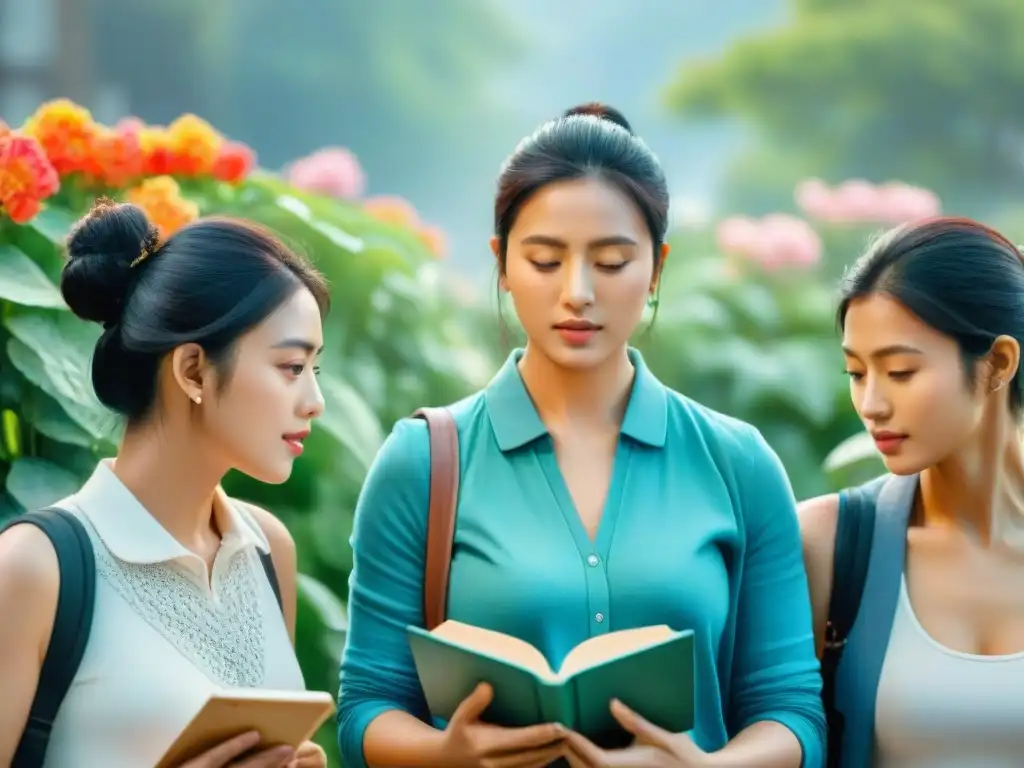 Un grupo diverso de estudiantes inmersos en su estudio de idiomas rodeados de libros, dispositivos y mapas del mundo, en un jardín temático de idiomas