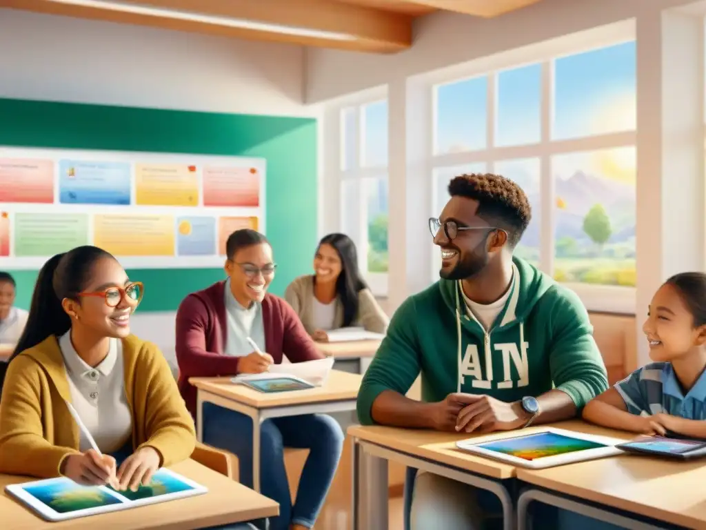 Grupo diverso de estudiantes inmersos en actividades de aprendizaje de idiomas en un aula moderna y vibrante