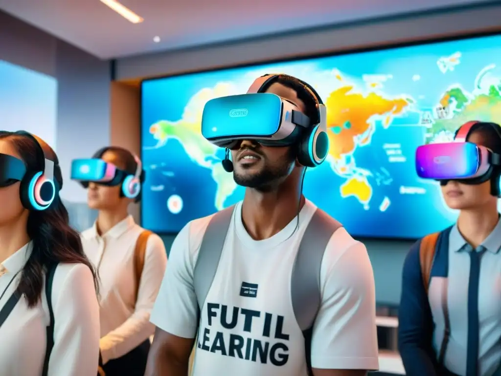 Un grupo diverso de estudiantes inmersos en una experiencia de aprendizaje de idiomas en realidad virtual