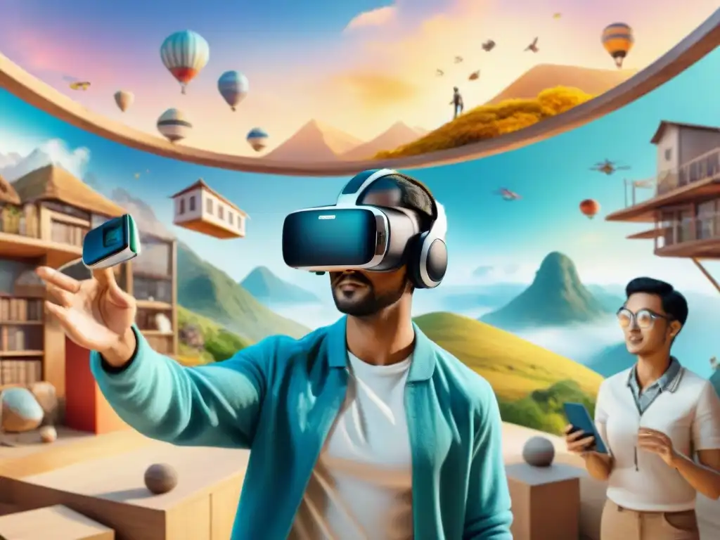 Un grupo diverso de estudiantes inmersos en un entorno de realidad virtual, participando en actividades de aprendizaje de idiomas con gamificación