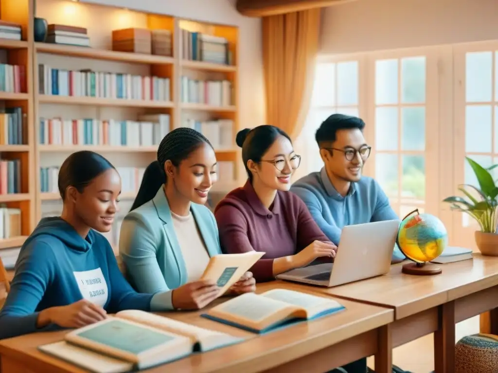 Un grupo diverso de estudiantes inmersos en sus estudios de idiomas con libros, laptops y tarjetas